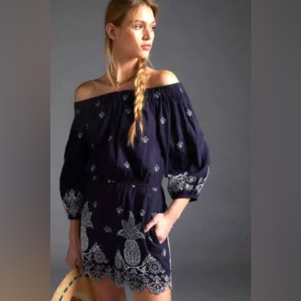 Farm Rio Embroidered Linen Romper Pineapple Anthropologie Navy Size S
